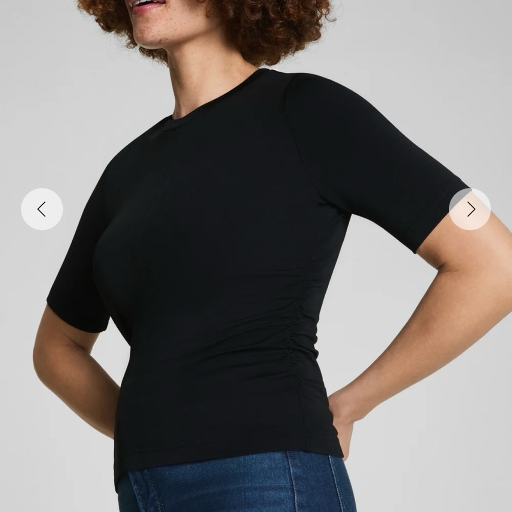 NEW NWT SPANX Sleek Jersey Elbow Sleeve Ruched Top. Classic Black Size Medium
